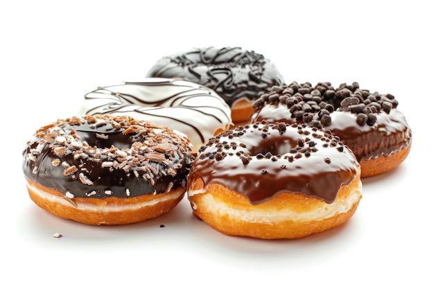 Leckere Schokoladen-Glasur-Donuts mit verschiedenen Toppings, die auf einer Holztafel ausgestellt sind, eine verlockende süße Leckerei