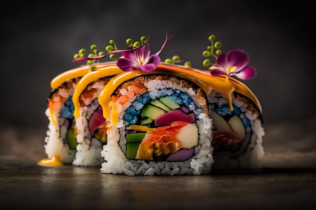 Leckere Sushi-Rollen mit Fisch Generative AI