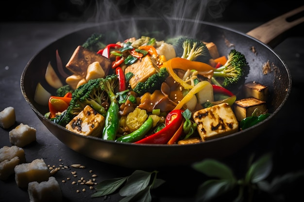 Leckere Tofupfanne mit Gemüse, knusprigem Tofu und frischem Koriander. Perfekte vegane Mahlzeit für Gesundes