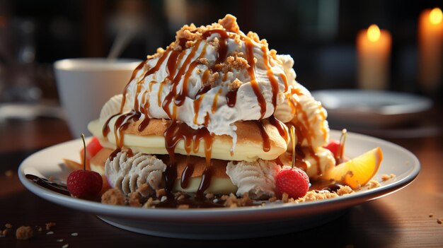 Leckere Waffeln mit Eis auf dem Teller in Nahaufnahme