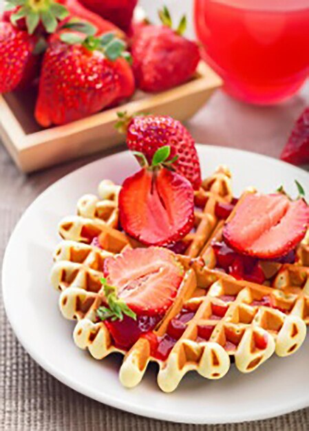 Leckere Waffeln mit Erdbeeren und Saft