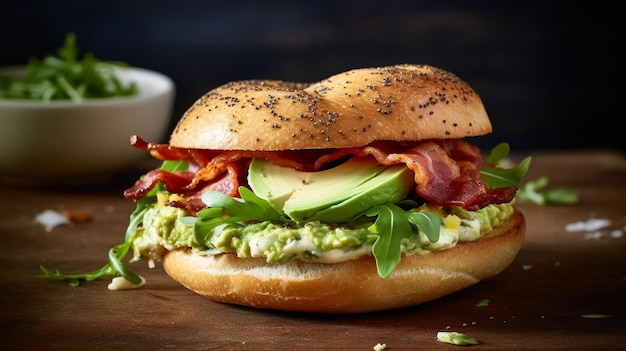 Leckerer Bagel gefüllt mit Speck-Rucola-generativer KI