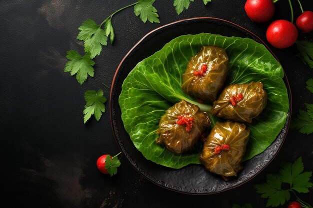 Leckerer Blattdolma von oben mit roten Granatäpfeln auf dunklem Hintergrund