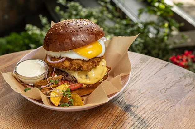 leckerer Burger mit Hähnchen, Käse und Salat