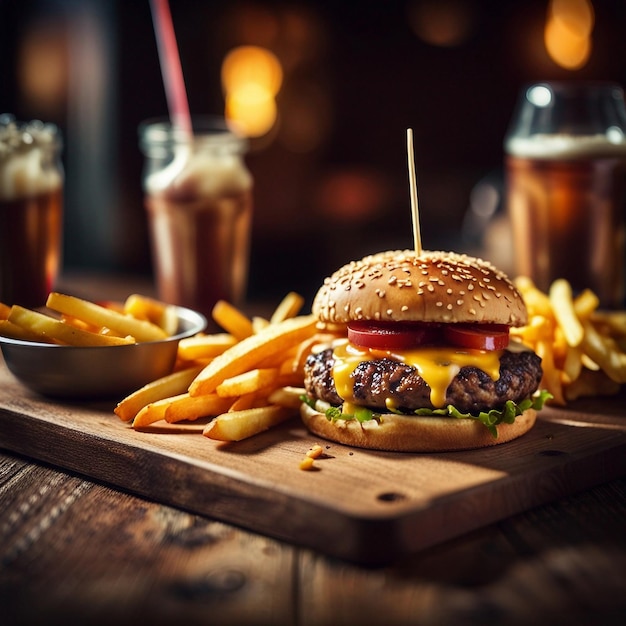 Leckerer Burger mit Pommes frites, serviert auf einem Holztisch in Nahaufnahme. Fast Food