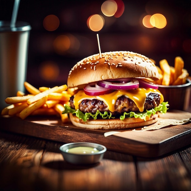 Leckerer Burger mit Pommes frites, serviert auf einem Holztisch in Nahaufnahme. Fast Food