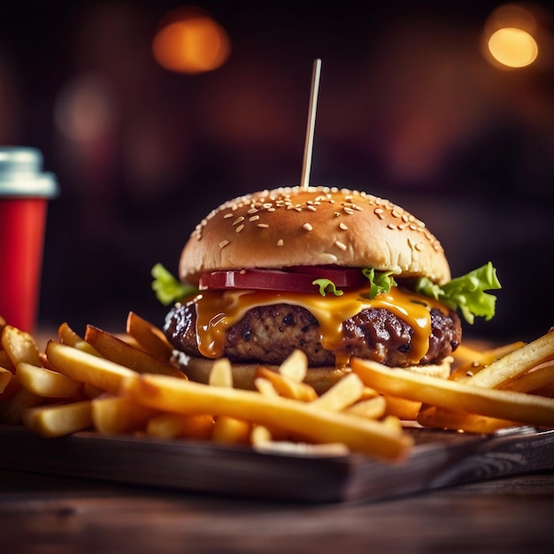 Leckerer Burger mit Pommes frites, serviert auf einem Holztisch in Nahaufnahme. Fast Food