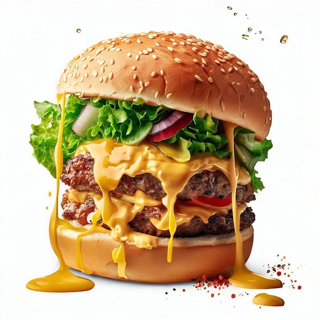 Leckerer Burger mit zahlreichen Zutaten, isoliert auf weißem Hintergrund. Leckerer Cheeseburger
