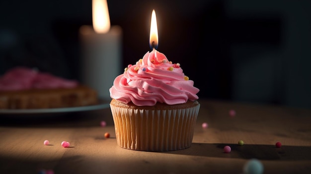 Leckerer Cupcake mit rosa Buttercreme und brennender Kerze auf Holztisch vor dunklem Hintergrund