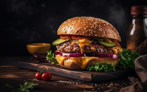Leckerer Fleischburger mit Käse und Salat auf dunklem Hintergrund