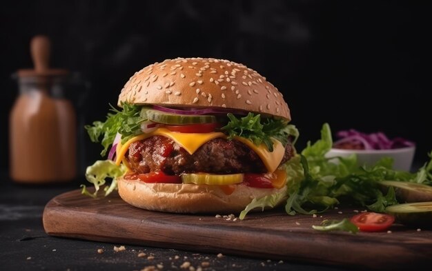 Leckerer Fleischburger mit Käse und Salat auf dunklem Hintergrund