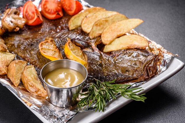 Foto leckerer gebratener fisch mit kartoffeln und tomaten auf einem weißen rechteckigen teller