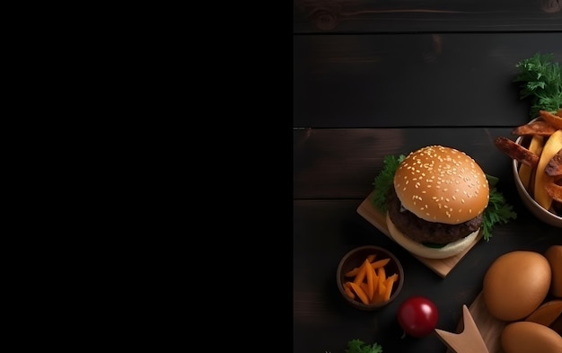 Leckerer Hamburger mit frischem Gemüse im Kopierraum im Hintergrund