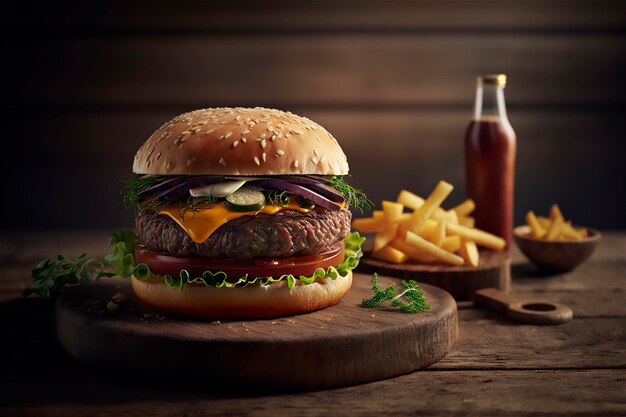 Leckerer hausgemachter Hamburger auf rustikalem Holztisch Platz kopieren Werbung AI generiert Fast-Food-Snack