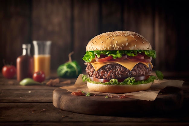 Leckerer hausgemachter Hamburger auf rustikalem Holztisch Platz kopieren Werbung AI generiert Fast-Food-Snack