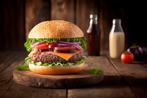 Leckerer hausgemachter Hamburger auf rustikalem Holztisch Platz kopieren Werbung AI generiert Fast-Food-Snack