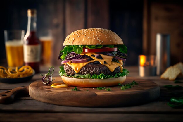Leckerer hausgemachter Hamburger auf rustikalem Holztisch Platz kopieren Werbung AI generiert Fast-Food-Snack