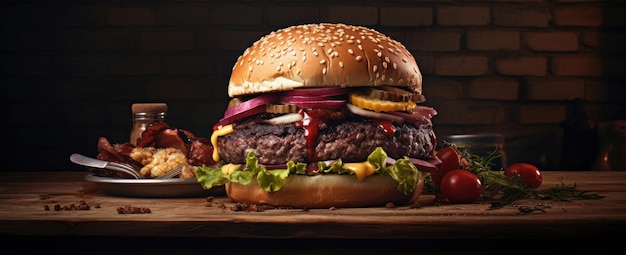 Leckerer hausgemachter Rindfleischburger, Nahaufnahme von Food-Fotografie auf dunklem Hintergrund