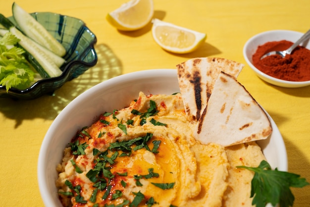 Foto leckerer hummus und gurke im hohen winkel