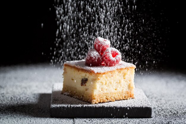 Leckerer Käsekuchen mit Himbeeren und Puderzucker