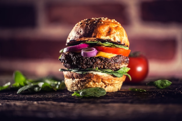 Leckerer Rindfleischburger mit Spinatblatt-Salat-Zwiebel-Tomaten und -Käse.