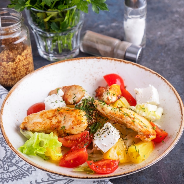 Foto leckerer salat mit brathähnchen, tomaten, ananas, käse und salat