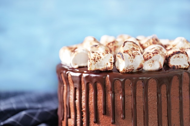 Leckerer Schokoladenkuchen mit Marshmallow auf dem Tisch, Nahaufnahme