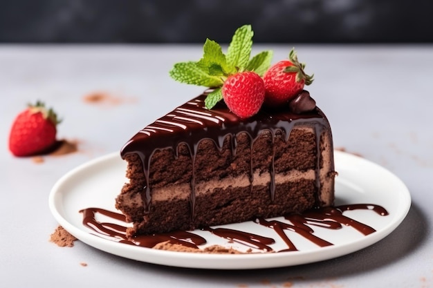 Leckerer Schokoladenkuchen serviert auf weißem Tisch
