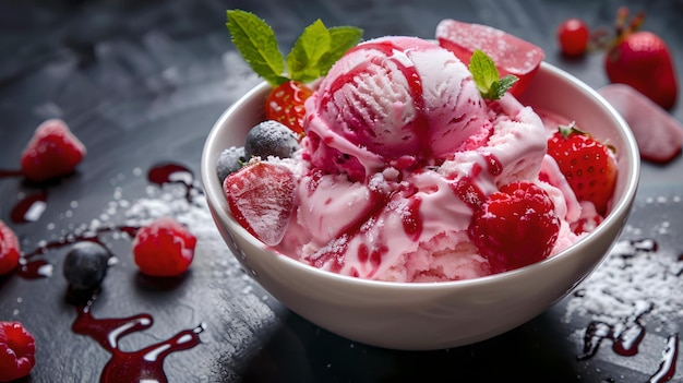 Leckeres Erdbeeren-Eis in weißer Schüssel Beerengarnierung Dunkler Schiefer-Hintergrund Perfektes Sommergericht Frisches Süßes Unwiderstehliches Dessert Foto KI