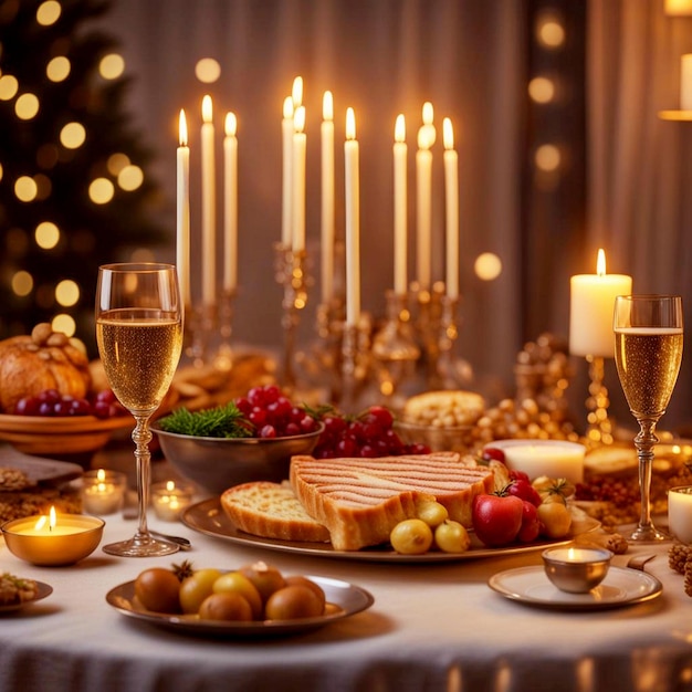 Leckeres Essen, das für die jüdische Hanukkah auf einem schönen Tisch mit Weindekoration und Champagner zubereitet wird