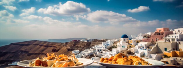 Leckeres Essen vor dem Hintergrund der weißen griechischen Stadt auf der Insel Generative AI