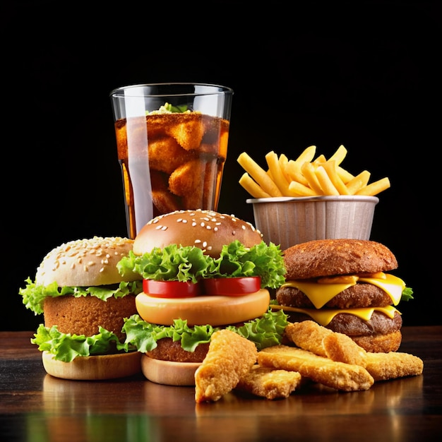 Leckeres Fast Food auf schwarzem Hintergrund 4K HD-Fotos für kreative Projekte