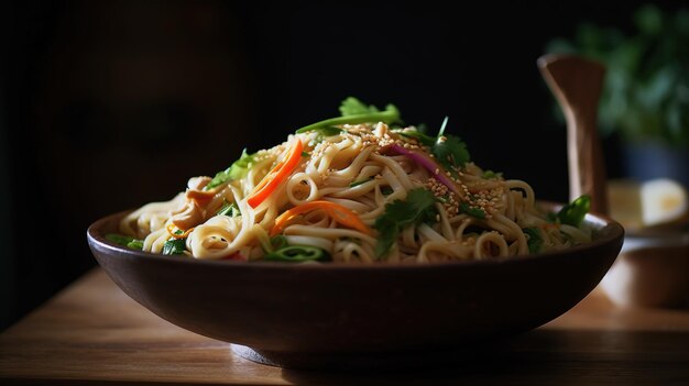 Leckeres Foto einer Schüssel mit kochend heißen Udon-Nudeln, garniert mit Frühlingszwiebeln und Tempura