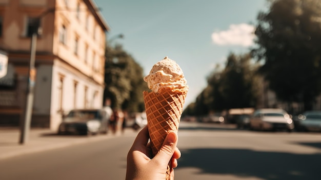 Leckeres frisches Eis in einer Waffeltüte in der Hand auf einem verschwommenen Stadthintergrund. Generierte KI