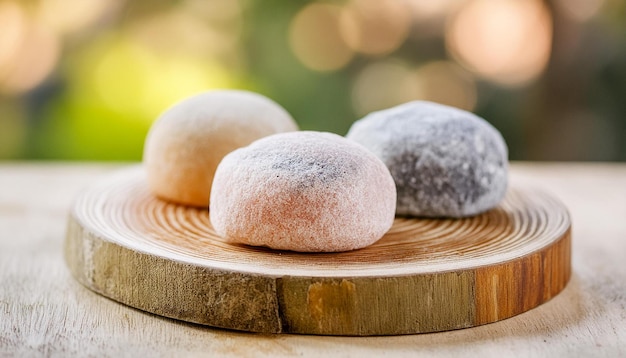 Foto leckeres mochi auf holzbrett traditionelles japanisches dessert reiskuchen süßes und leckeres essen