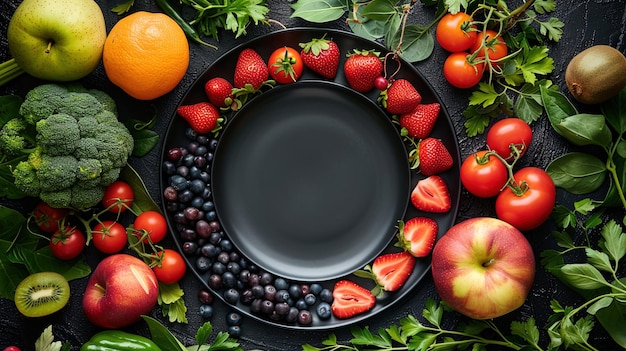Leckeres Obst und knuspriges Gemüse umrahmen elegant einen leeren schwarzen Teller und bereiten die Bühne für ein