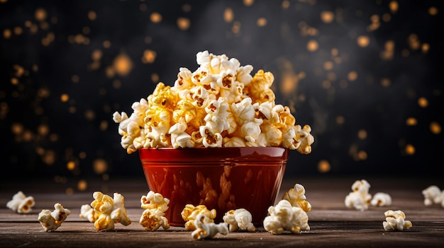 Leckeres Popcorn auf Schüssel auf dunklem Hintergrund, generative KI
