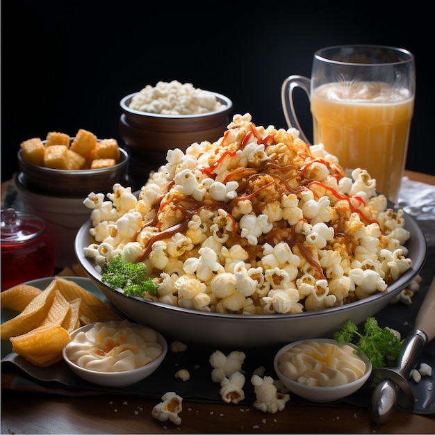 leckeres Popcorn mit Snack und Getränk