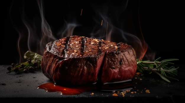 Foto leckeres realistisches rindfleisch-steak-restaurant-essen auf dem dunklen hintergrund