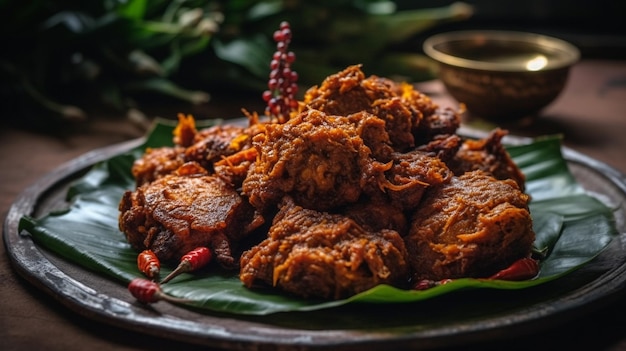 Leckeres Rendang auf einem Holzbrett mit schwarzem Hintergrund