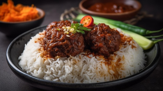 Leckeres Rendang auf einem Holzbrett mit schwarzem Hintergrund