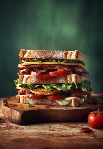 Leckeres Sandwich mit Schinken, Käse und Gemüse auf rustikalem Hintergrund