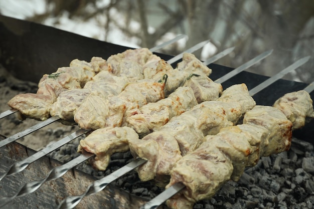 Leckeres Schaschlik wird im Freien auf Holzkohle gebraten