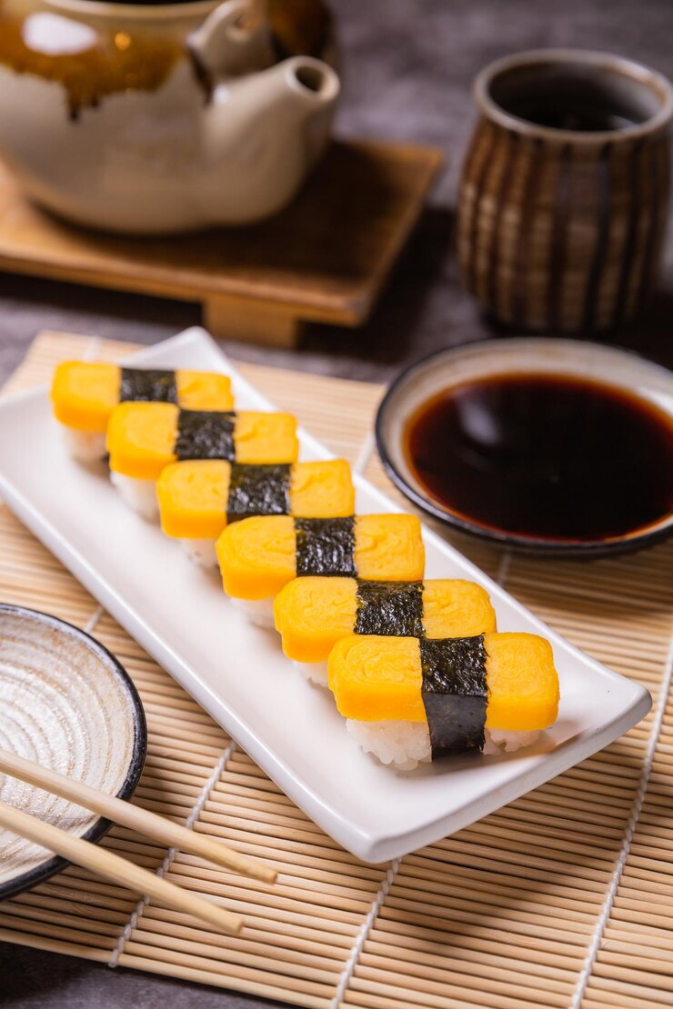 Leckeres Sushi auf Tellern angerichtet und servierfertig