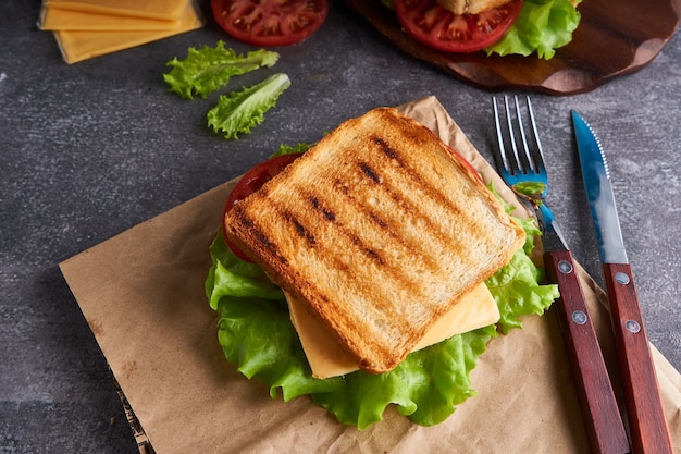 Leckeres vegetarisches Sandwich mit Tomaten und Käse auf einem grauen Steintisch Kopieren Sie Raum