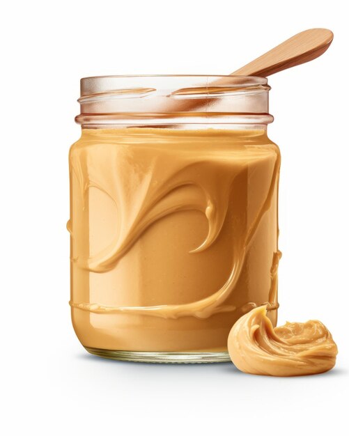 Foto lecklich cremig, enthüllt das perfekte glas erdnussbutter, ein muss in jeder küche