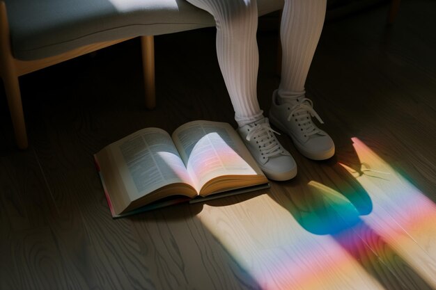 Lector sentado en la sombra del arco iris sobre un libro abierto