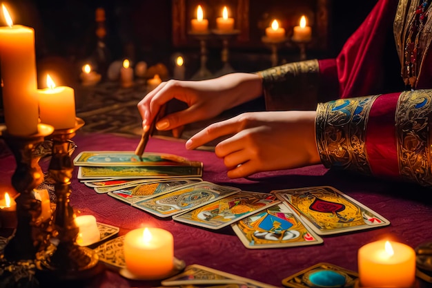 El lector del Tarot elige las cartas del Tarot El adivino lee las cartas