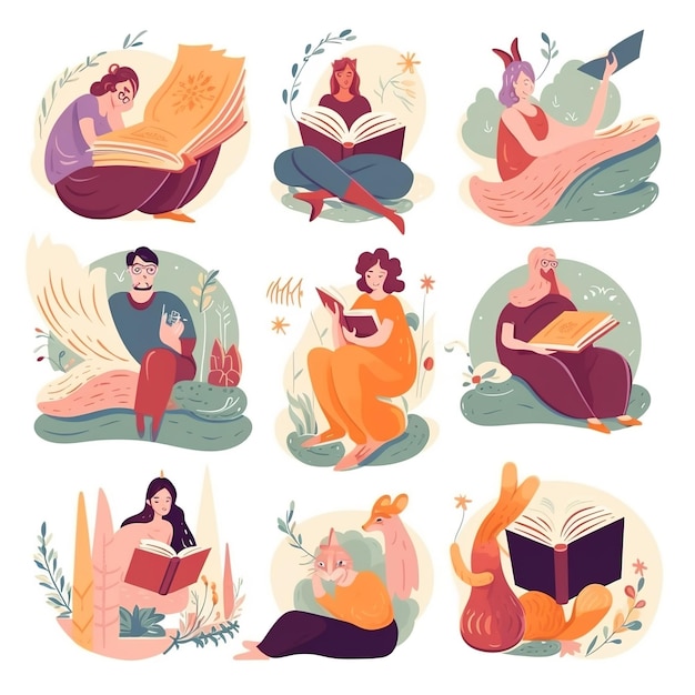 Los lectores felices leyendo ficción, fantasía, cuentos de hadas, educación y literatura empresarial para el conocimiento y la sabiduría.