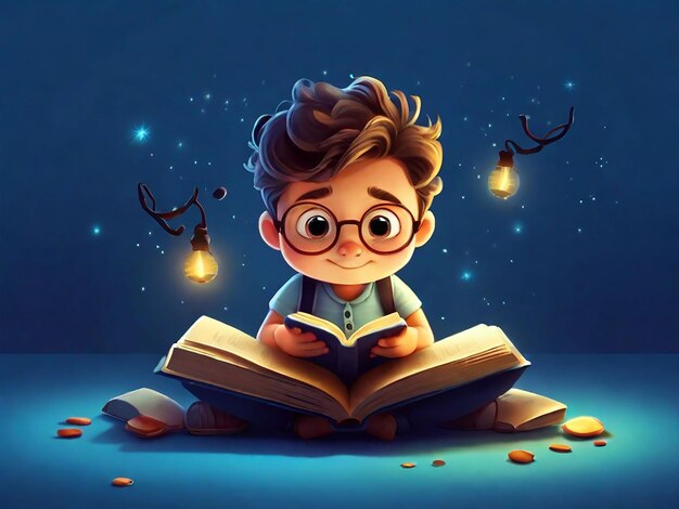 Lectura de dibujos animados en un fondo azul oscuro de nevi imagen de calidad HD